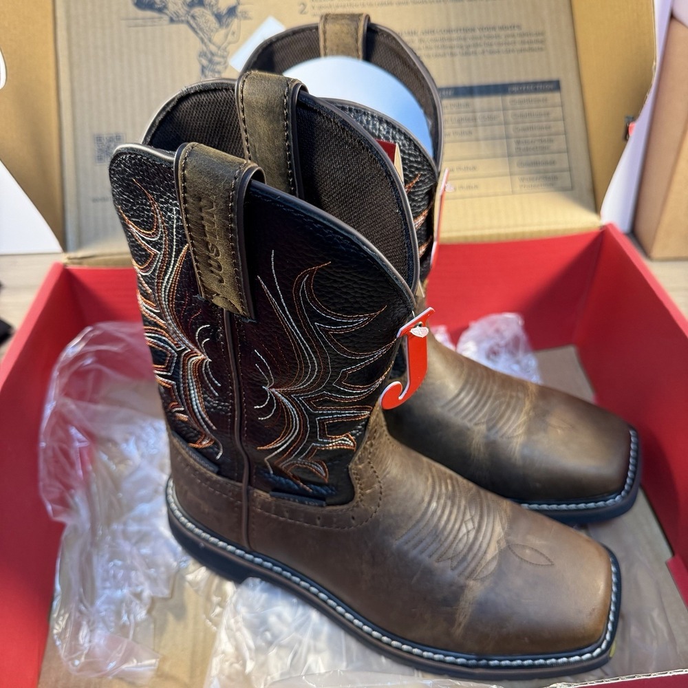 NEW Justin Stampede Mens Waxy Brown Water Buffalo Square Steal Toe Work‎ Boots